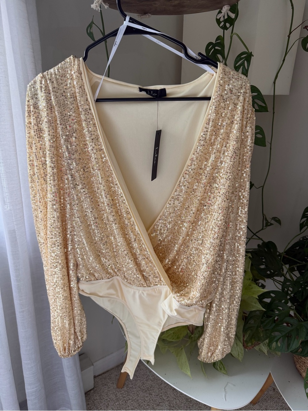 Lulu's Champagne Sequin Wrap Bodysuit